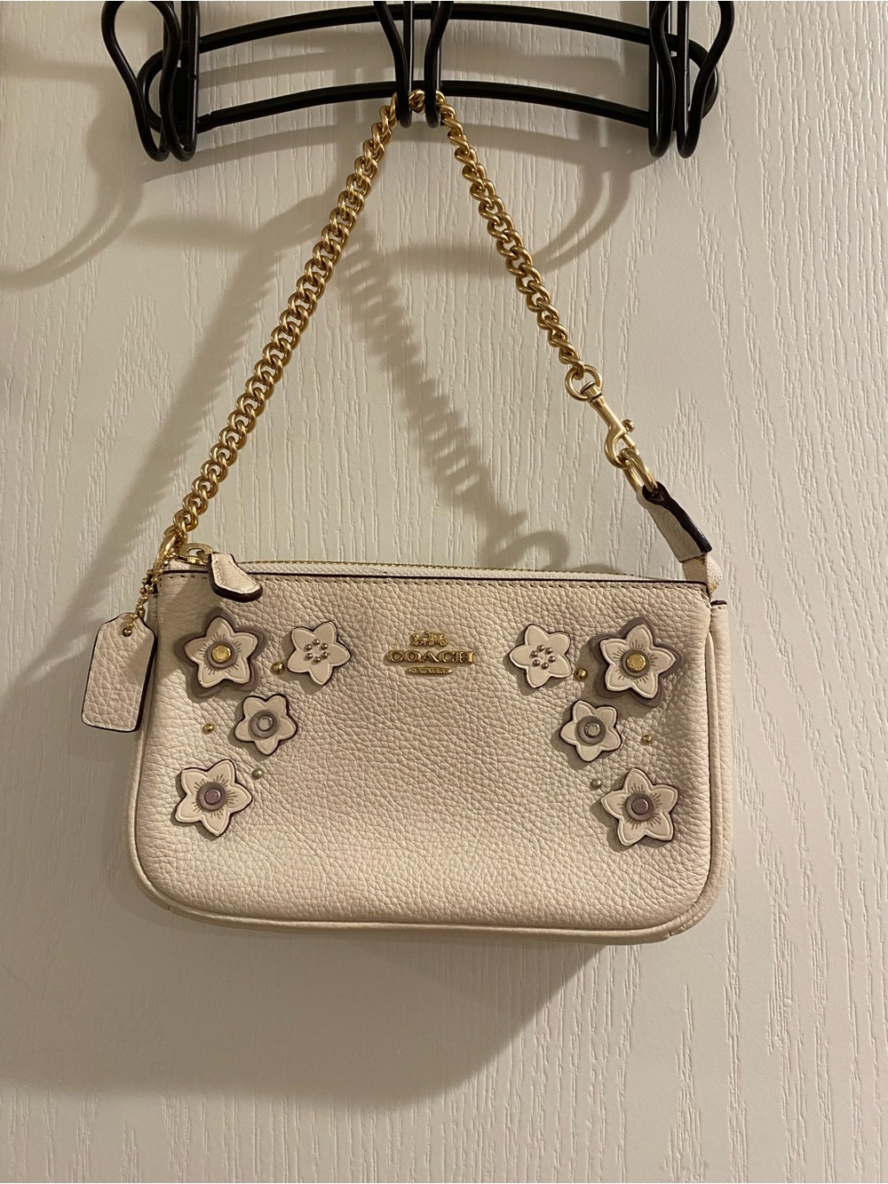 Coach Cream Floral Appliqué Leather Mini Bag with Gold Chain